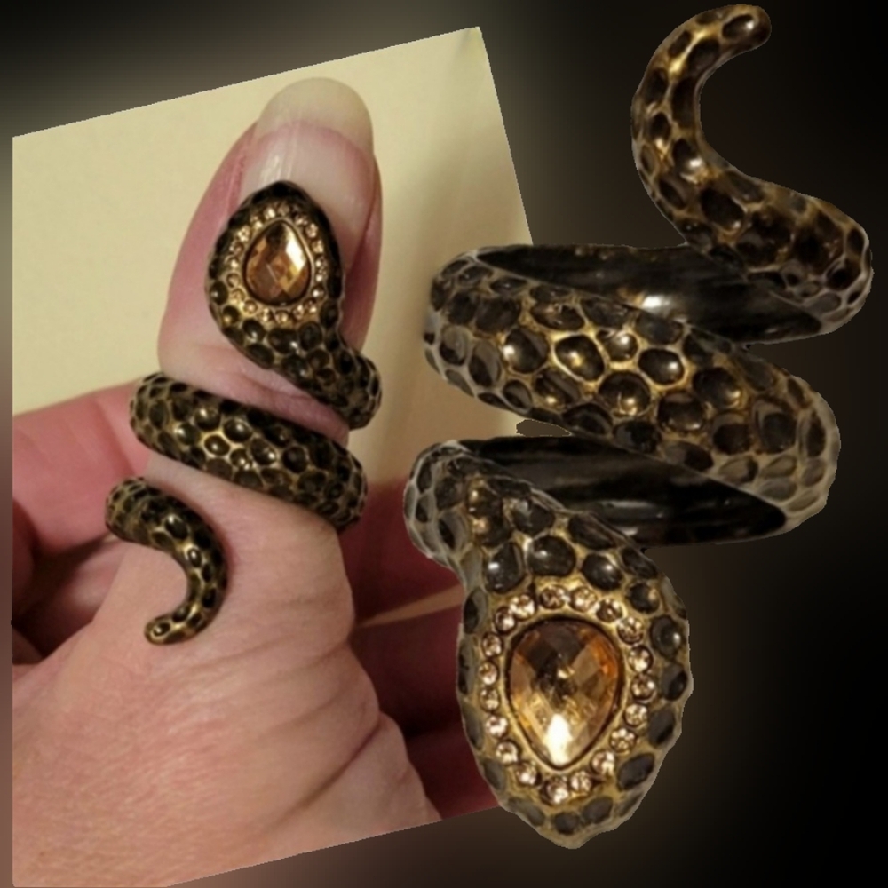 Vtg Y2K brass coiled snake amber gem serpent blingy statement ring size 9/10 NWT